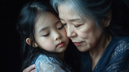 Portrait of adult asian woman mother or mom and little preschool girl or daughter, female child kid hug with parent isolated. embrace love relationship, together, generation, positive, two, mommy.