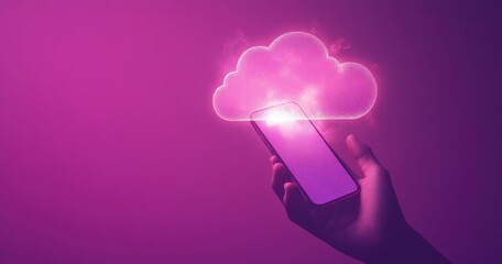Wall Mural - hand holding a phone with a glowing cloud icon on a purple background, symbolizing the idea of havin