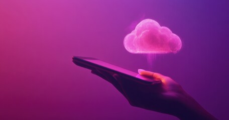 Wall Mural - a hand holding a phone with a glowing cloud icon on a purple background, representing the concept of