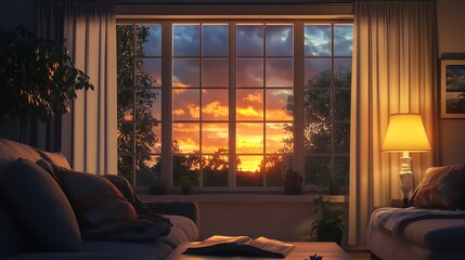 Canvas Print - Cozy living room at sunset, viewed through a large window.