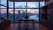 © Maryna - Empty executive office with panoramic city view at dusk. Modern design. Spacious room with dark brown wood floor, contemporary furniture. Executive desk, chair facing large windows overlooking