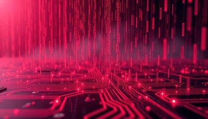 Glowing red binary code rain falls on tech circuit board. Abstract digital pattern. Futuristic tech background. Dynamic streams of data flow over glowing tech circuit board. Red light illuminates