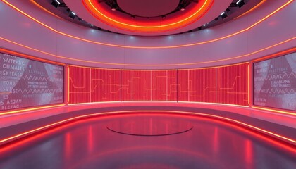 Empty modern virtual studio background with vibrant red lighting, screens displaying data. Ideal for tv news broadcasts online shows. Futuristic design perfect for live events, virtual studio sets.