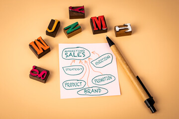 Wall Mural - marketing sales. notepad and wooden alphabet letters on a light background