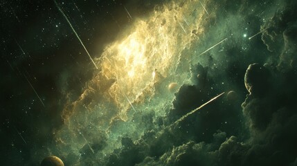 Wall Mural - Celestial scene featuring planets, shooting stars, and ethereal nebulae