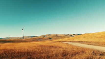 Wind Turbine Stands Tall Over Golden Rolling Hills