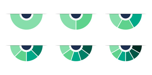 Set of half pie chart diagrams. half Circles cut separated on1,2,3, 4,5, 6, with empty middle,simple flat design vector illustration.with drop shadow line