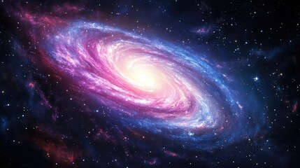 Wall Mural - Close-up of a spiral galaxy with bright center, showcasing colorful dust lanes and clusters of stars.