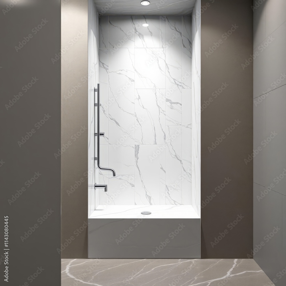 Modern bathroom shower niche with elegant white marble tiles and chrome fixtures in contemporary ...