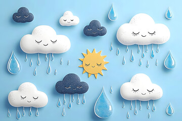 Canvas Print - Cute cartoon clouds with rain and sun illustrations. Whimsical weather design perfect for children's decor or educational content.