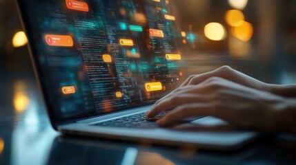 Close-up of hands typing on laptop, with forum threads displayed on screen
