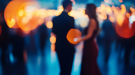 Sticker - Blurred background of an elegant evening event with guests dancing and socializing, creating a festive atmosphere. A couple in formal attire is holding hands on the dance floor  -