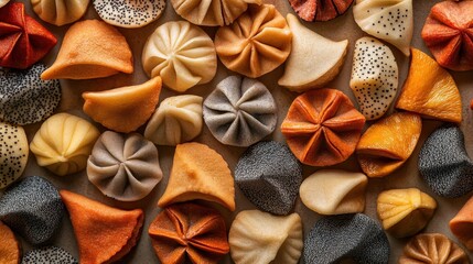 Colorful arrangement of fortune cookies on a table, showcasing various designs and textures