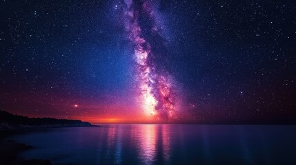 Colorful starry night scene over a serene landscape, with a prominent Milky Way stretching across the sky.