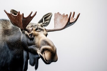 Close-up of majestic moose with impressive antlers on light background