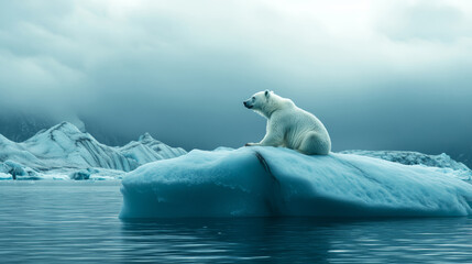 Wall Mural - polar bear resting on floating iceberg, representing arctic wildlife vulnerability amid changing env