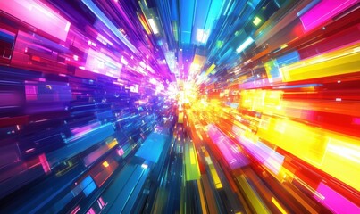 Colorful light burst with dynamic motion effects, vibrant hues radiating outward, abstract digital art, energetic and futuristic design