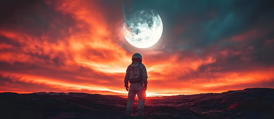 Wall Mural - astronaut standing on a mars-like terrain with a dramatic sunset sky, symbolizing exploration and ad