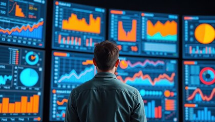 man analyzes large tech display with progress charts. data visualization on big screen. businessman 
