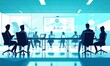 © Vergiliy - Business meeting with data presentation, silhouettes of professionals in modern conference room, digital screens displaying analytics, collaborative environment