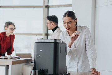 Wall Mural - A group of business employees takes a moment to relax in the office kitchen, enjoying conversation and the pleasant environment. The scene reflects teamwork, relaxation, and friendly interaction.