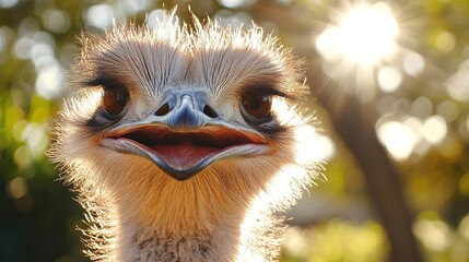 Wall Mural - Close-up ostrich head with sunlight backdrop, funny expression.