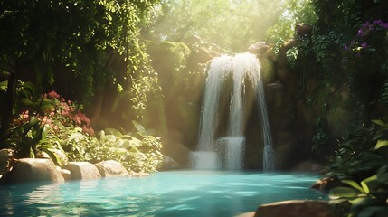 Canvas Print - Serene waterfall cascading into a tranquil pool surrounded by lush tropical foliage, bathed in sunlight.