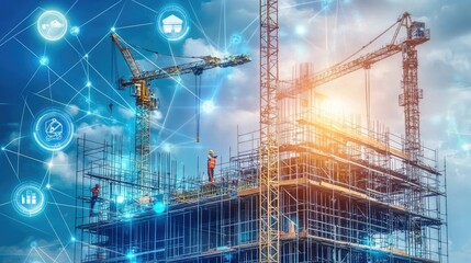 Smart Construction:  A modern construction site with cranes and scaffolding, overlaid with digital icons symbolizing the integration of technology into the building process.