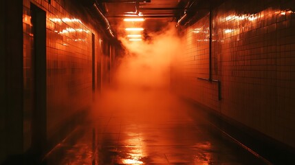 Canvas Print - Smoky, dimly lit corridor with orange glow and tiled walls.