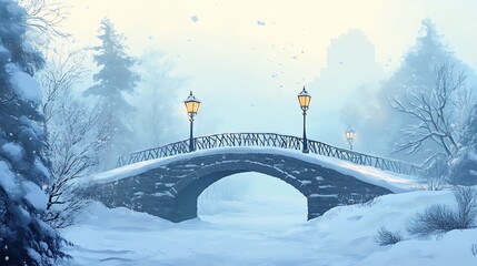 Canvas Print - Snowy bridge in winter park with lamps.