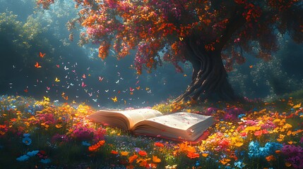 Wall Mural - Open book in magical flower field with butterflies and tree.
