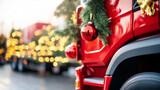 Czerwona ciężarówka i choinka z bombkami