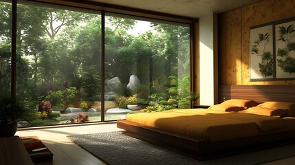 Canvas Print - Sunlit bedroom with large window overlooking tranquil zen garden.