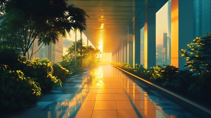 Wall Mural - Sunlit walkway between skyscrapers with tropical plants.