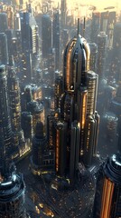 Futuristic Metropolis: An Aerial View of a Cyberpunk Cityscape at Dusk