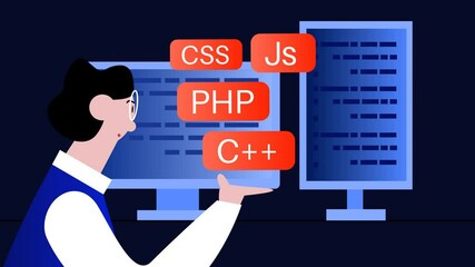2d animation concept of programmer and programming language