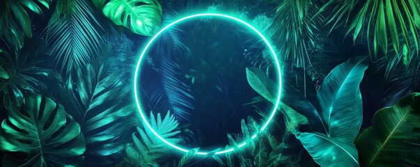 Wall Mural - cyberpunk background design. tropical leaves with green and blue, circle shaped neon frame.