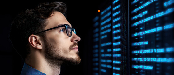 focused IT engineer analyzing data on digital screen in dark environment