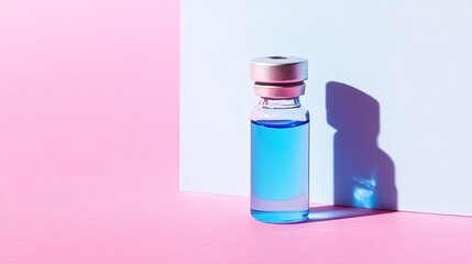 Wall Mural - Blue liquid in vial on pink surface with shadow.