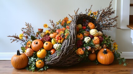 Wall Mural -  Thanksgiving cornucopia filled with pumpkins, vegetables, and autumn decor, fall harvest theme