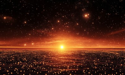 Wall Mural - mars glowing softly in the center of a vast black expanse, surrounded by a shimmering sea of a milli