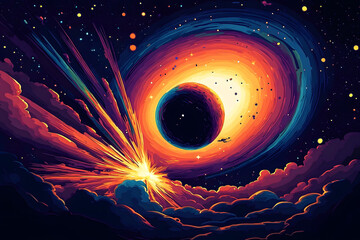 Wall Mural - Space background. Colorful explosion on dark wallpaper. Vector art. Futuristic explosion. Black hole astronomy view. Wave of light. Shining motion stars nebula. Cartoon drawing night painting