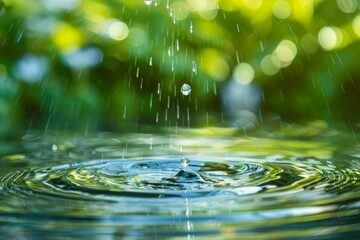 water droplet falling making circular ripples on water surface with green bokeh background