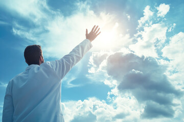 Male reaching for the sun in a cloudy blue sky