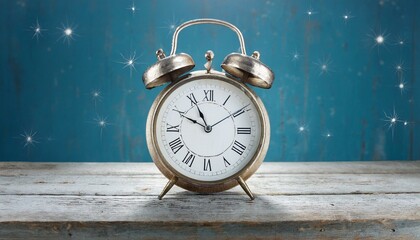 A classic alarm clock on an old-fashioned wooden desk,