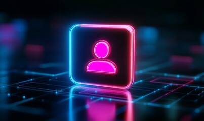 Wall Mural - pink and blue neon light user icon. vibrant colored social technology symbol, on a black background 