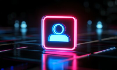 Wall Mural - pink and blue neon light user icon. vibrant colored social technology symbol, on a black background 