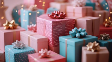 Wall Mural - Pile of colorful gift boxes stacked together, creating a festive atmosphere