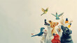 © Erika - un fondo con espacio de copia con una ilustracion de animales domesticos divertidos mascotas como perros gatos y aves exoticas