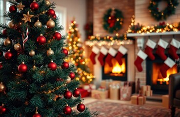 Cozy living room decorated for Christmas. Christmas tree with red and gold ornaments. Warm fireplace with stockings. Gifts under the tree. Festive atmosphere. Winter holiday season.